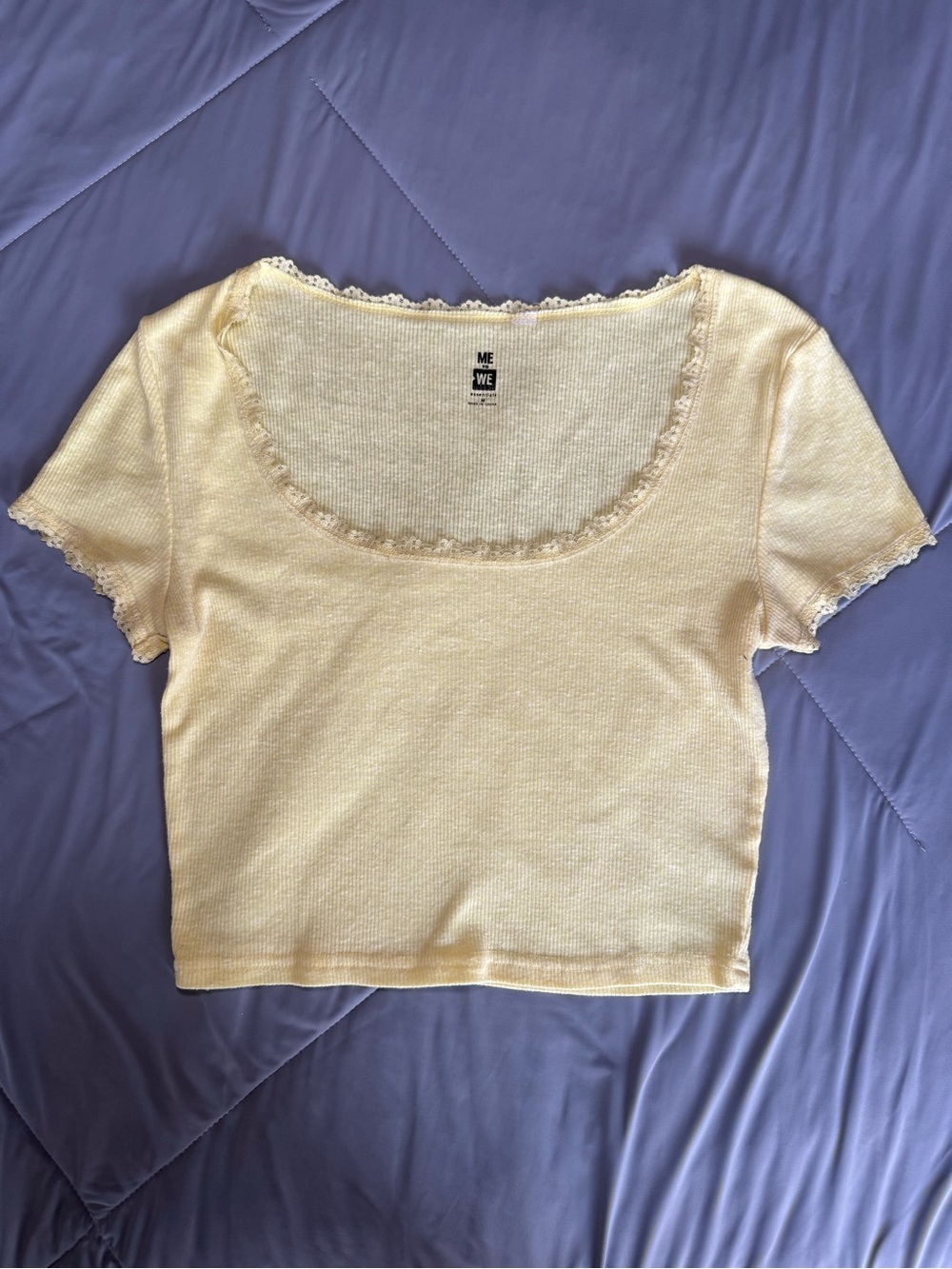 Pacsun Me to We Soft Lemon Yellow Lace-Trim Ribbed Scoop Crop Top Short Sleeve